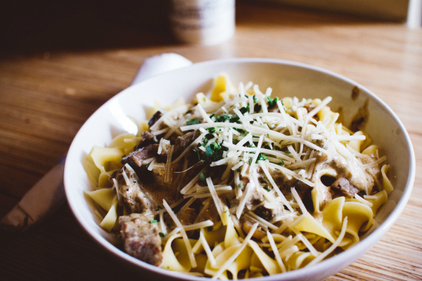 Pasta with Thinly Sliced Beef, Shredded Parmesan, and Green Onions